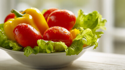 Fresh vibrant yellow peppers and red tomatoes resting on a bed of green leafy lettuce in a white bowl showcasing healthy nutritious vegetables in natural light