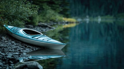kayak. A kayak rests on the shoreline, reflecting calm blue waters in a serene natural setting. tourism brochures, itinerary planners, designed for travel destination branding.
