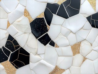 Close-up of a mosaic pattern featuring irregular shapes in black, white, and gold, creating an abstract design.
