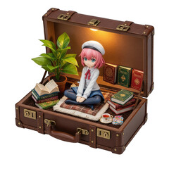 Anime figure sitting in open suitcase with books and plant isolated on transparent background