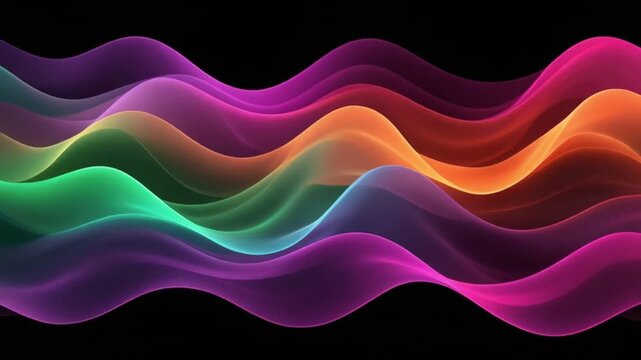 Static multicolor wave design, black background fullscreen, bright light green, purple, pink, orange waves stacked with soft neon sheen, modern abstract look