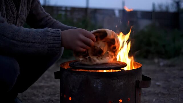 Placing flatbread on griddle over fire. Hand presses dough on griddle above firepit. Flame cooks bread and chars. Outdoor cooking by campfire using naan. Bread cooking with hand over open fire now.
