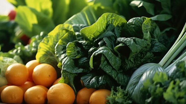 Fresh produce featuring oranges, spinach, and carrots arranged on a table.