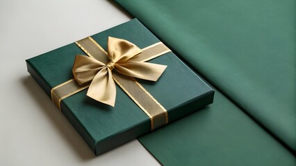 Luxury dark green gift box with golden bow placed on left side, matte green backdrop, clean right side space for holiday message