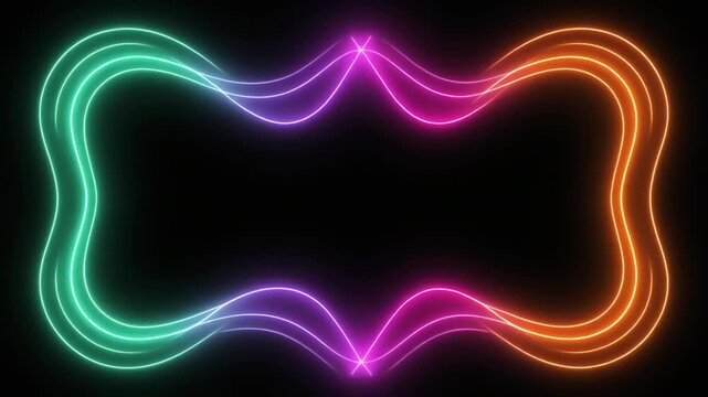 Black fullscreen background with four static colorful waves (light green, purple, pink, orange), gentle curvature, evenly spaced, neon outline, calm futuristic look