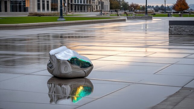 A modern abstract sculpture rests on a wet paved surface, reflecting the sky and surrounding environment. The scene is set in a city park at dusk.
