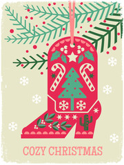 Cowboy Christmas card with Boot Happy Holidays Y&rsquo;all Vector illustration.
