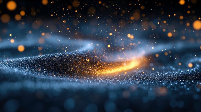 Abstract image of sparkling particles with bokeh effect, creating a sense of flow and movement in a dark space.