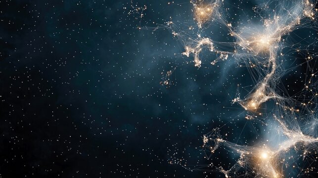 An artistic representation of a network of lights and connections against a dark blue background, evoking a sense of space and interconnectedness.