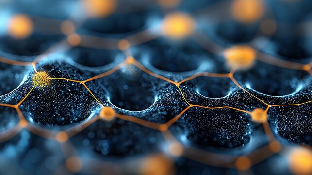 A close-up view of a network structure with glowing nodes and connecting lines, creating a futuristic digital design.