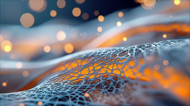 An abstract image of a neural network structure with bokeh lights and a soft, blurred background.