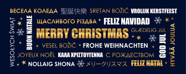 merry christmas greeting card with text in different languages vector illustration