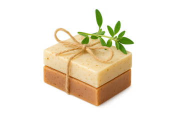 Two stacked handmade soap bars tied with twine, green sprig garnish