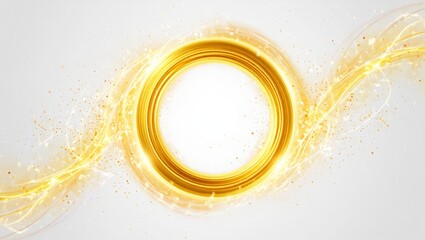 Abstract golden oval energy portal with light streaks and particles