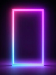 Glowing neon rectangle frame with purple and blue lights on dark background