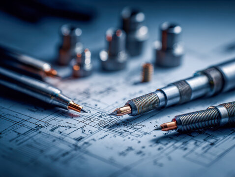 Mechanical drafting tools and metal fasteners arranged on a technical blueprint for engineering design and precision construction planning concepts