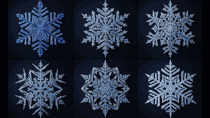 Stunning collection of unique snowflakes glistening against a dark background for winter holiday designs and festive seasonal promotions