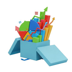 Colorful 3d growth charts exploding out of a box isolated on transparent background