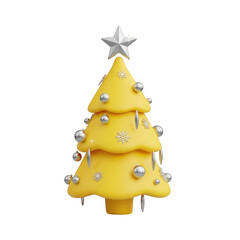 Yellow christmas tree with silver ornaments isolated on transparent background
