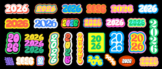 Set Of 2026 Happy New Year Stickers Vector Design.
