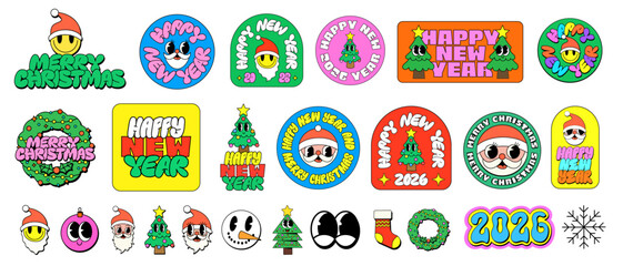 Cool Happy New Year Funky Stickers Collage. Groovy Patches Merry Chrismtas Pattern.