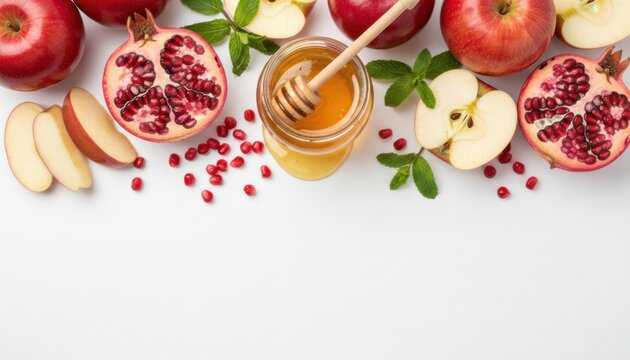 Fresh red apples pomegranates and honey in a glass jar with a wooden dipper and mint leaves arranged as a top border on a white background with copy space