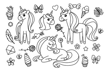 vector cartoon cute unicorns set. Coloring book on transparent background
