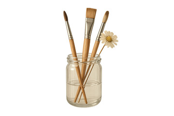 Glass jar holds paintbrushes and daisy, artistic still life