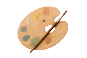 Wooden painter's palette with multicolored paint blobs and brush resting across it