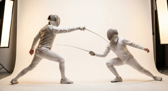 Two fencers in white protective gear duel with swords in a dynamic lunge pose during a competitive match inside a brightly lit professional photo studio with softboxes - Powered by Adobe