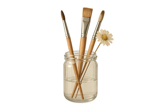 Glass jar holds paintbrushes and daisy, artistic still life