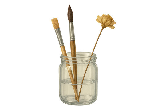 Glass jar with water holds three art brushes and single dried flower