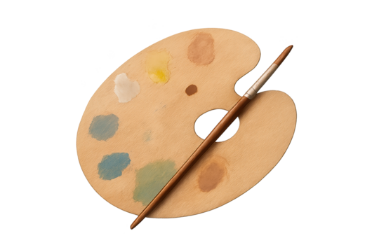 Wooden painter's palette with multicolored paint blobs and brush resting across it