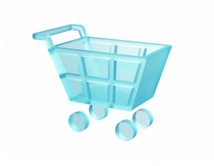 Fototapeta premium Isometric matte-glass translucent blue shopping cart icon with four wheels, grid sides and handle — modern e‑commerce UI symbol for cart, checkout, and online shopping.