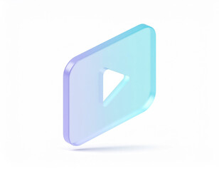 Isometric matte‑glass play button in blue‑to‑purple gradient, translucent rounded rectangle with triangular cutout, soft reflections and shadow — modern media and UI icon.