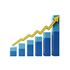 Blue bar chart with upward trending yellow arrow isolated on transparent background