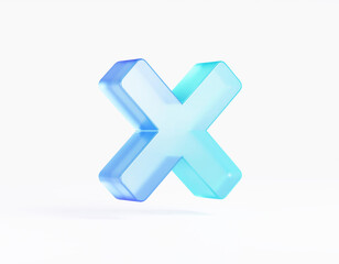 Obraz premium Isometric matte-glass translucent blue X symbol with soft reflections and shadow, modern UI icon for close, cancel, error, or delete actions.