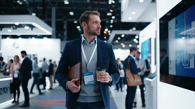 Walking businessman enters conference hall. Attendee holds coffee laptop and badge. He walks past exhibition booth. Networking among professionals and visitors. Crowd moves through modern expo now.
