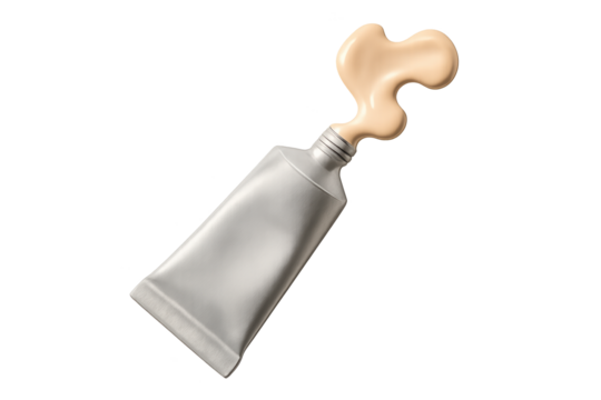 Metallic squeezed tube releasing beige cream