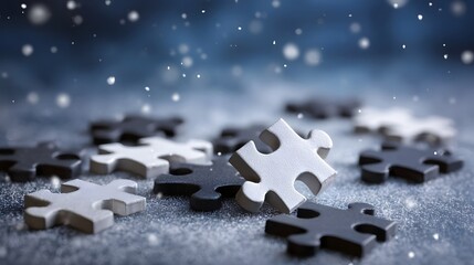 Scattered puzzle pieces on a textured surface with falling snow and a dark atmospheric background evoking winter