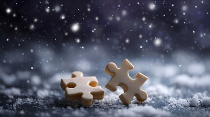 Two light colored jigsaw puzzle pieces lie on a snowy surface under a dark starry sky with falling snow