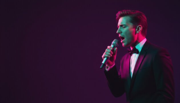 Handsome young man in a black tuxedo singing passionately into a microphone under dramatic neon lighting on a dark purple background with copy space