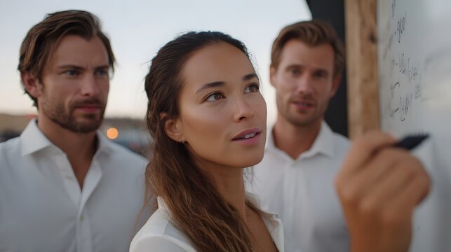 A diverse team collaborates on a whiteboard writing ideas outdoors during the golden hour