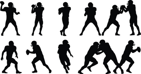 Black silhouette vector set of American football players in various action poses, running, throwing, and tackling, isolated on white, sport graphic collection.