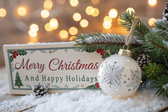 Christmas white decoration ball and spruce tree close up, bokeh lights background. Merry Christmas and Happy Holidays greeting card, frame, banner. New Year. Noel. Winter festive xmas - Powered by Adobe