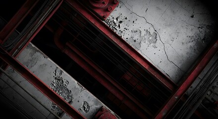 Gritty industrial architecture with robust red steel beams and weathered concrete, ideal for conveying strength, resilience, and urban decay in your designs