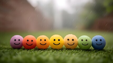Colorful smiley balls lined up in the rain promoting happiness and