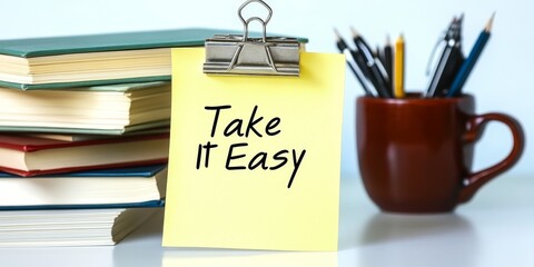 Inspirational Stationary Composition with Books, Relaxing Message, and Productivity Success Reminder