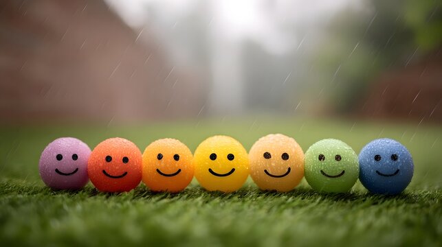 Colorful smiley balls lined up in the rain promoting happiness and