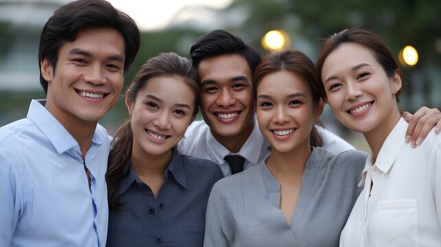 A diverse group of young professionals smiling happily together outdoors during the evening
